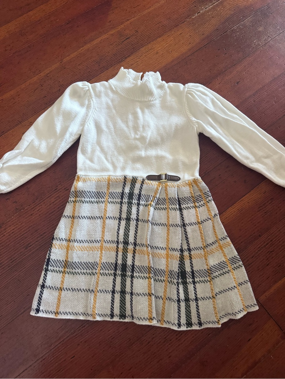Janie & Jack Girls Cream Knit Dress with Yellow Plaid Skirt